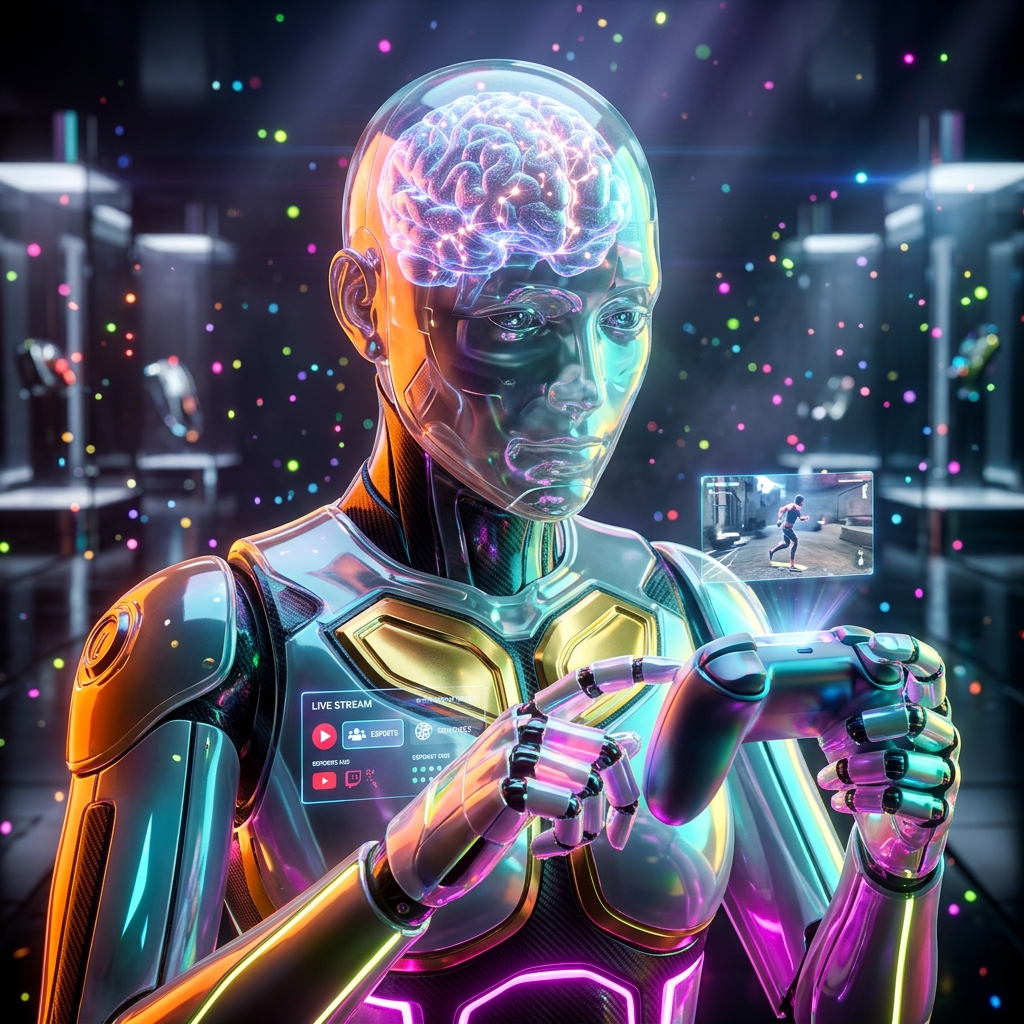 Streaming Games category hero — translucent glass humanoid figure with a glowing neural-network brain visible inside its head in chrome-and-glass showroom with mirrored floor and rim-lit product staging