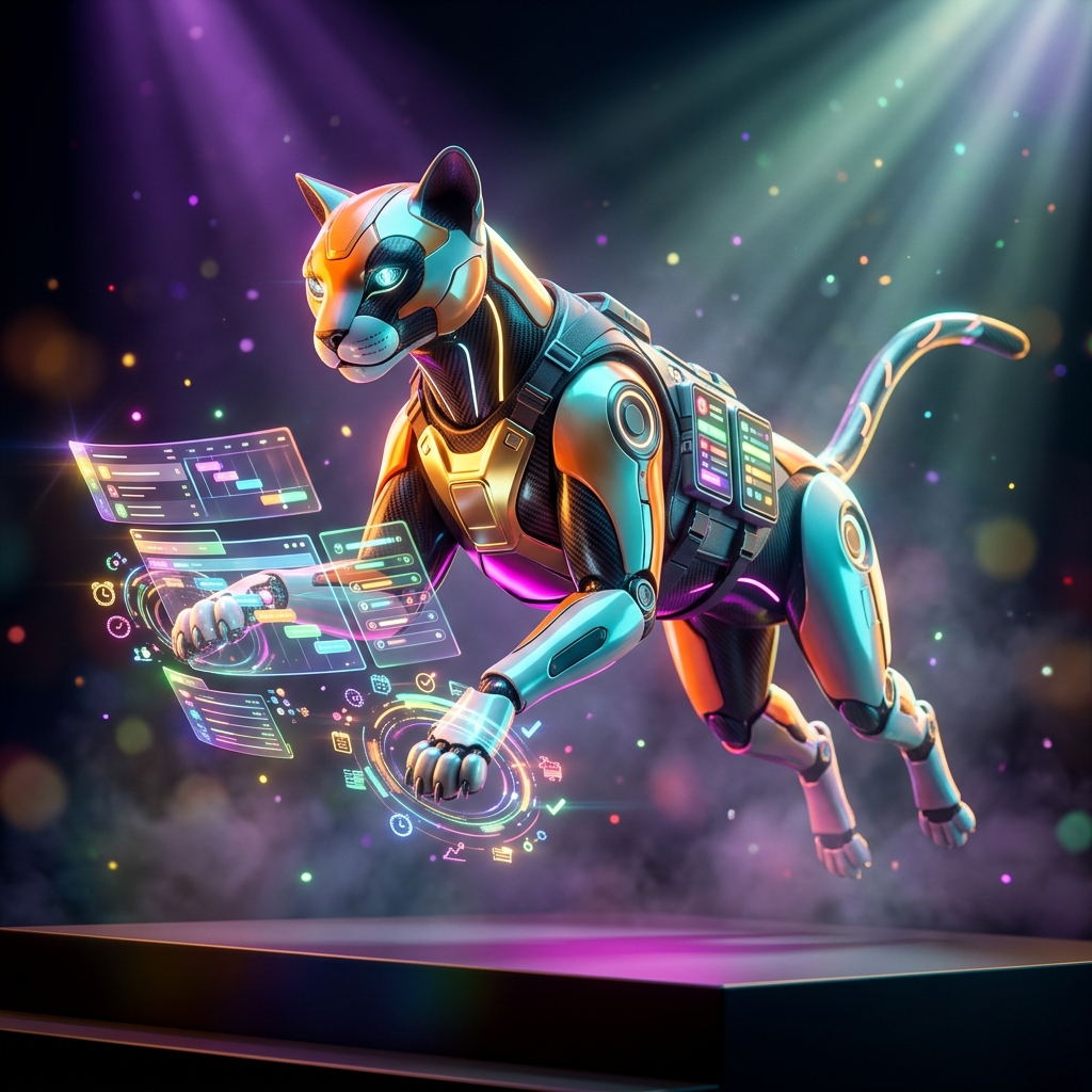 Task Management category hero — sleek feline-inspired robot mid-leap, carbon-fiber musculature and glowing accent lines in dark cinematic stage with dramatic spotlights streaming down and a hazy atmospheric fog