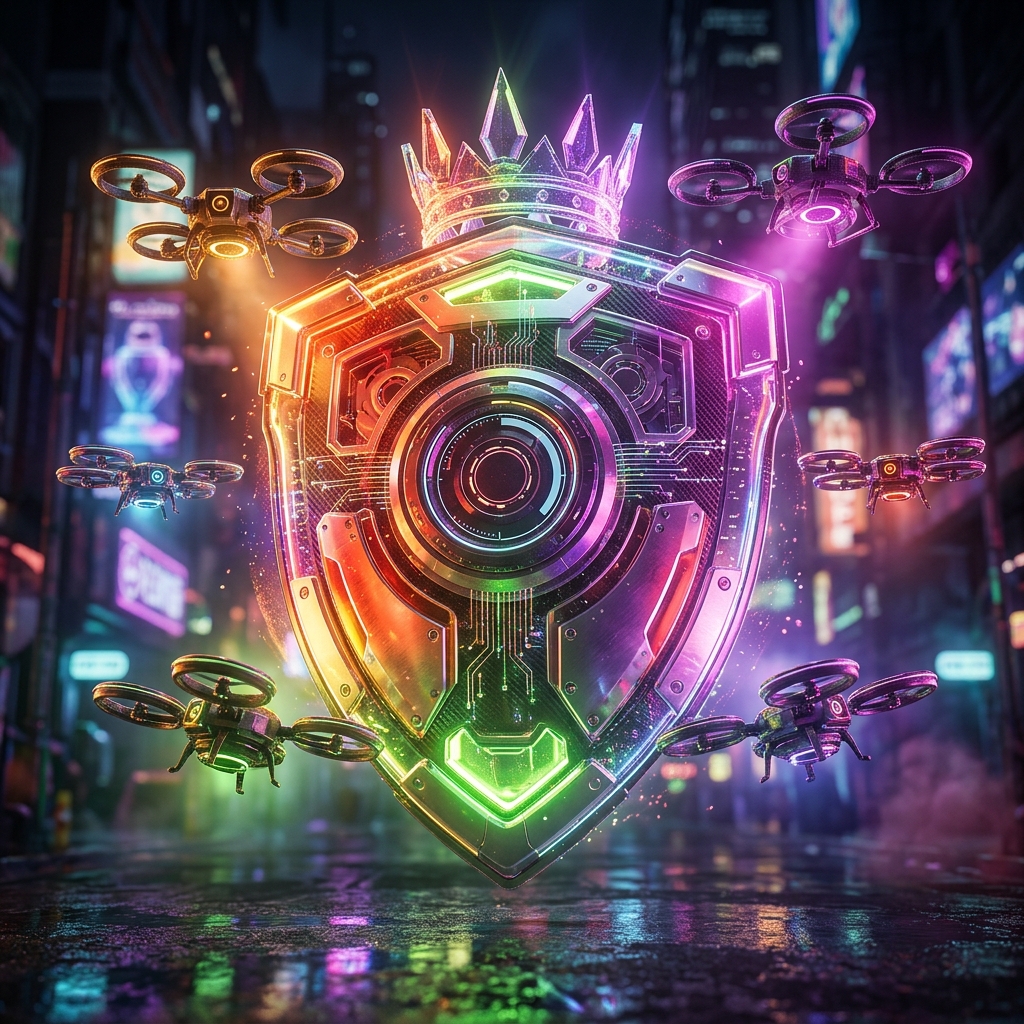 Team Collaboration category hero — glowing digital shield / padlock / crown / crystal object at the frame center, protected by hovering tech drones in neon-lit cyberpunk street at night, wet pavement reflections, hovering holograms in the background