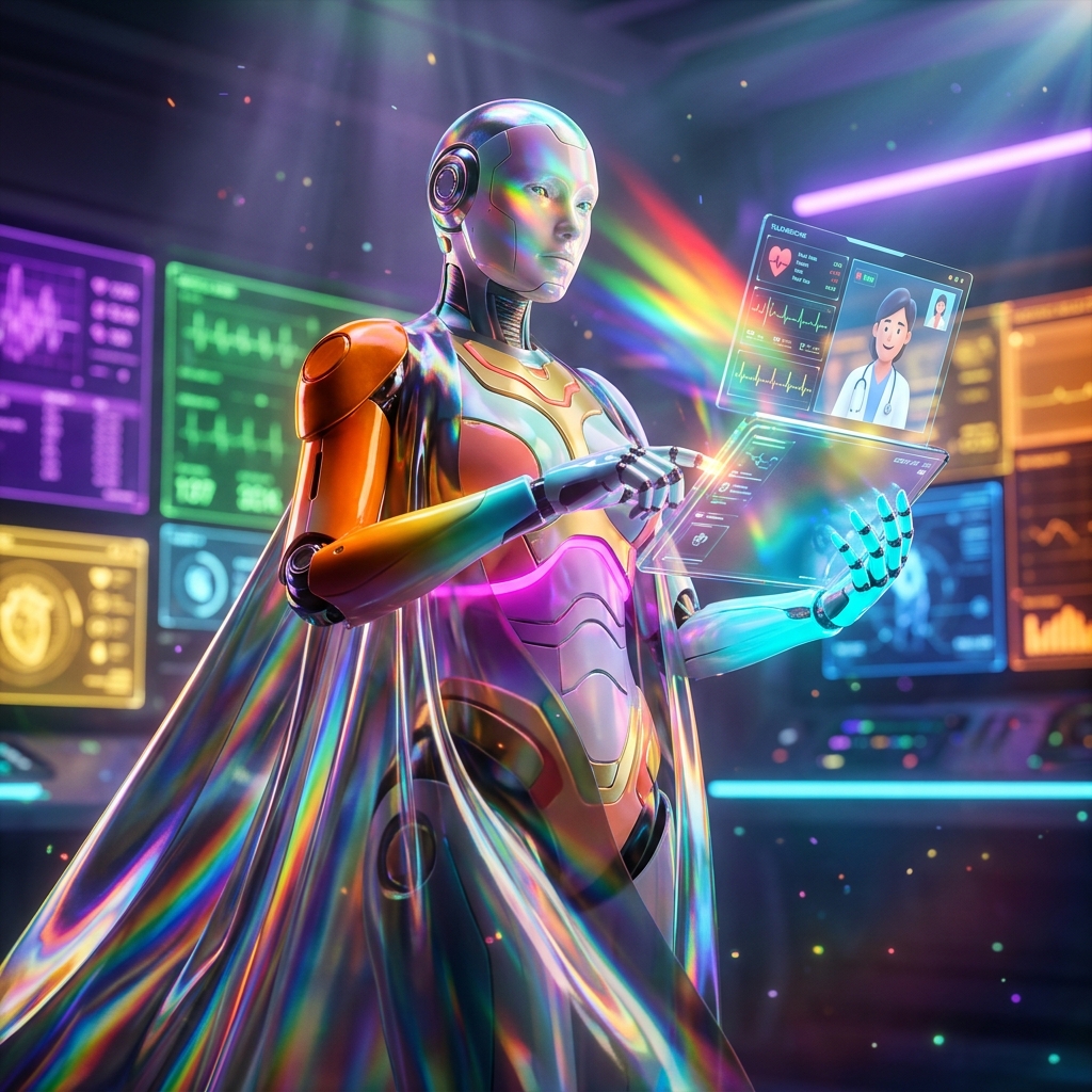 Telemedicine category hero — elegant fashion-forward android in flowing reflective couture fabric, editorial pose in futuristic control room with massive glowing holographic screens and volumetric light rays