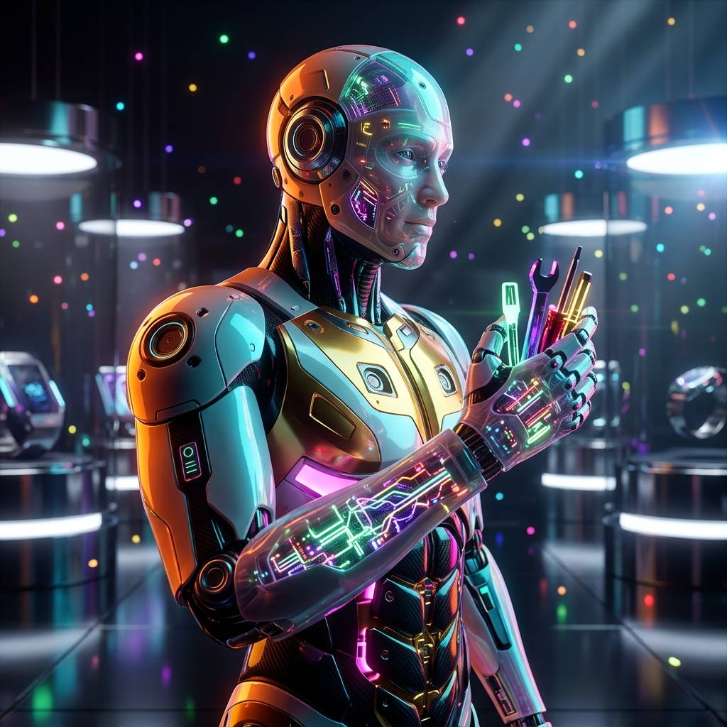 Tools category hero — cinematic cyborg character seen in three-quarter profile, exposed circuitry glowing beneath translucent skin, intense neon rim light in chrome-and-glass showroom with mirrored floor and rim-lit product staging