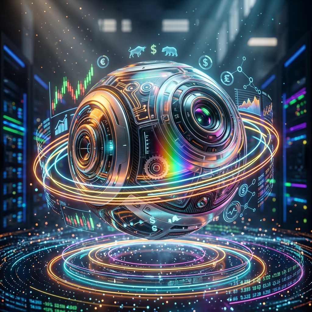 Trading category hero — floating spherical AI orb with concentric glowing rings and orbiting holographic icons around it in underground rave-like data cathedral with laser beams cutting through smoke