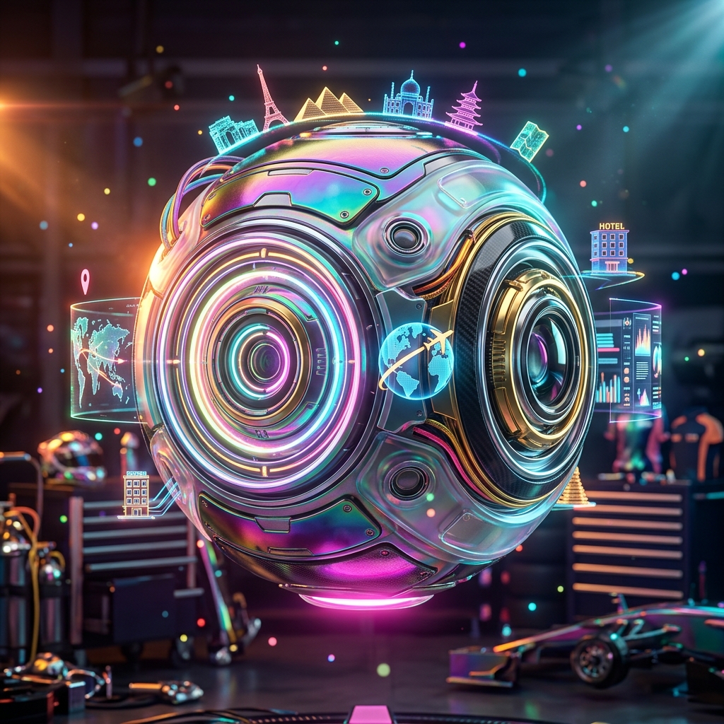 Travel category hero — floating spherical AI orb with concentric glowing rings and orbiting holographic icons around it in Formula-1 style pit garage with saturated color lighting and mechanical detail