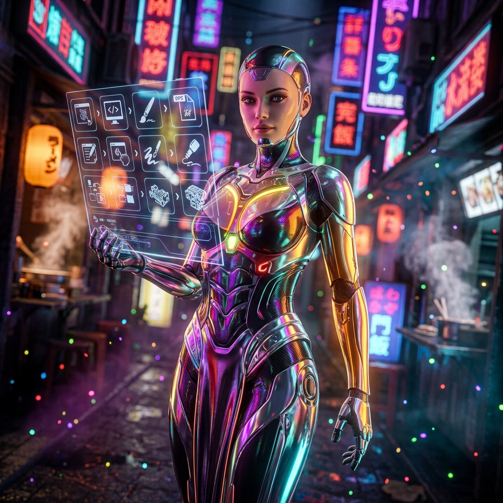 Tutorials category hero — elegant fashion-forward android in flowing reflective couture fabric, editorial pose in Blade-Runner-style noodle-shop alley with dense neon signage in the background