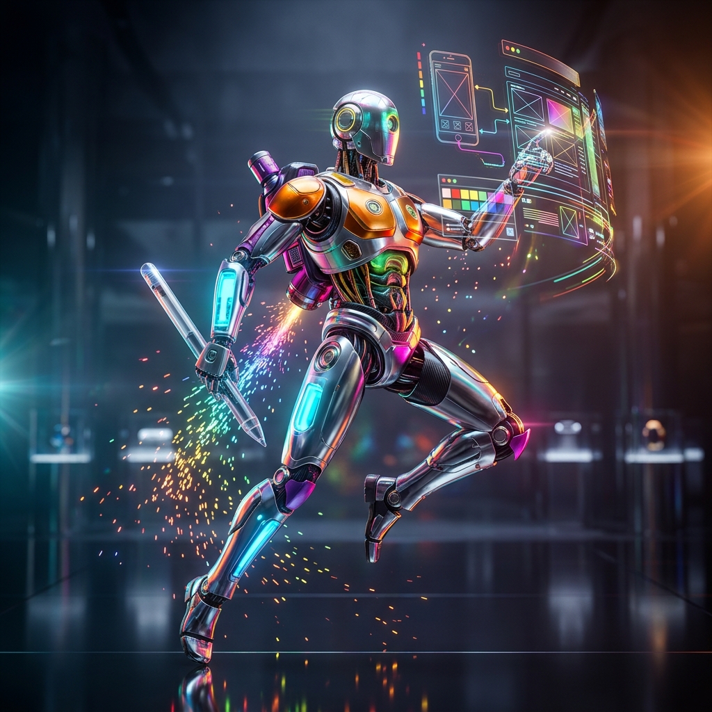 UI/UX Design category hero — chrome-plated bipedal android caught mid-motion, sparks and light particles trailing around it in chrome-and-glass showroom with mirrored floor and rim-lit product staging