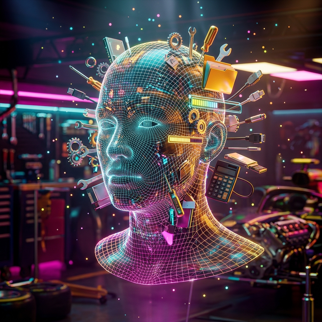 Utilities category hero — wireframe holographic human head made of glowing data points, floating in the frame center in Formula-1 style pit garage with saturated color lighting and mechanical detail
