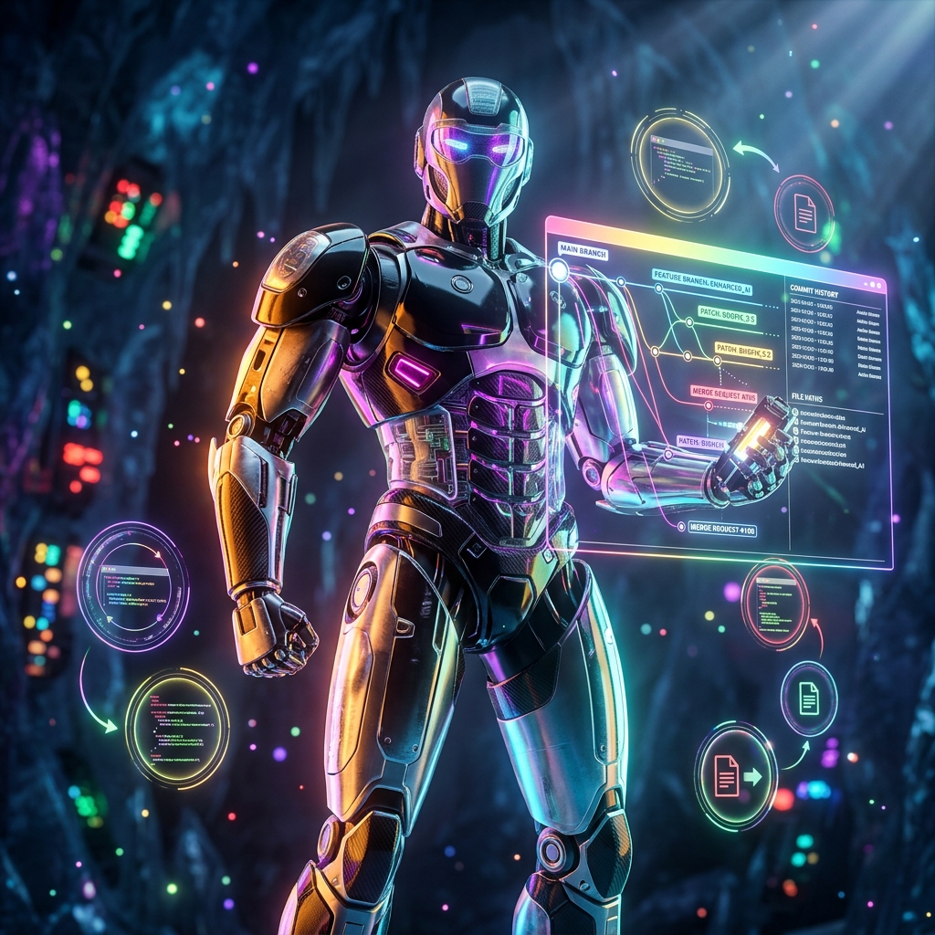 Version Control category hero — hyper-detailed humanoid robot with glossy plating and glowing visor eyes, striking a confident hero pose in the center of the frame in crystalline ice cavern lit by bioluminescent tech installations