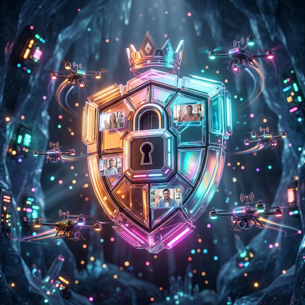 Video Calls category hero — glowing digital shield / padlock / crown / crystal object at the frame center, protected by hovering tech drones in crystalline ice cavern lit by bioluminescent tech installations