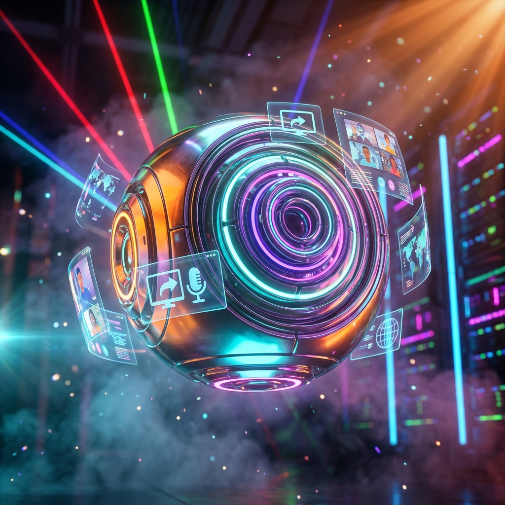 Video Conferencing category hero — floating spherical AI orb with concentric glowing rings and orbiting holographic icons around it in underground rave-like data cathedral with laser beams cutting through smoke