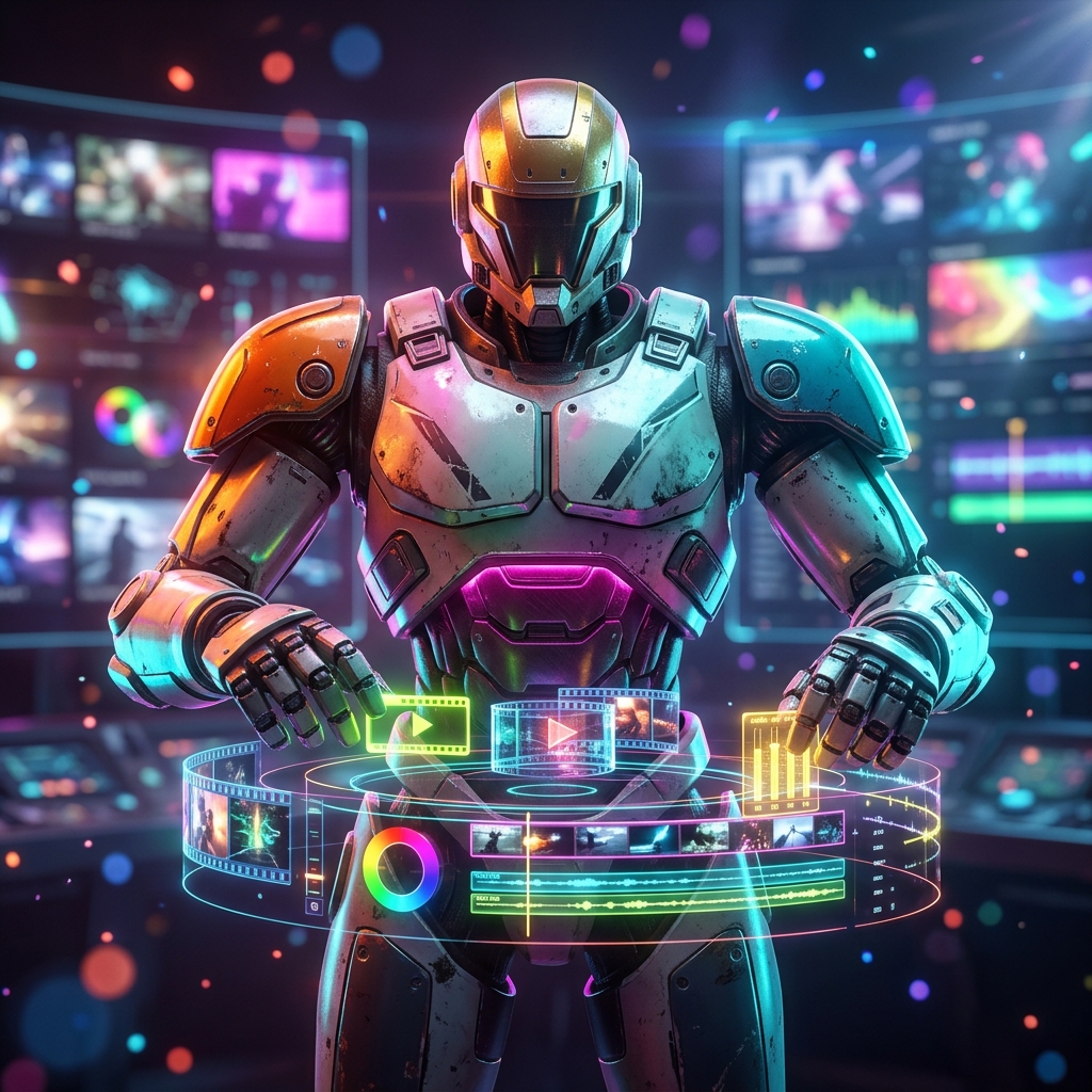 Video Editing category hero — war-worn but heroic mech pilot robot with painted panels, weathered detail, cinematic hero lighting in futuristic control room with massive glowing holographic screens and volumetric light rays