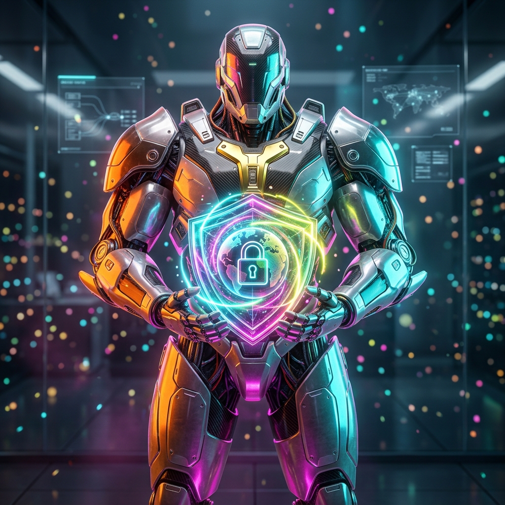 VPN category hero — heavily armored guardian robot holding a symbolic emblem of the category with both hands in sleek high-tech laboratory with glass walls, floating data panels and particle light