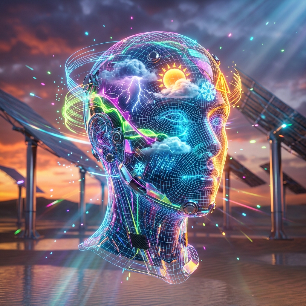 Weather category hero — wireframe holographic human head made of glowing data points, floating in the frame center in desert solar farm at magic hour with reflective sand and towering chrome pylons