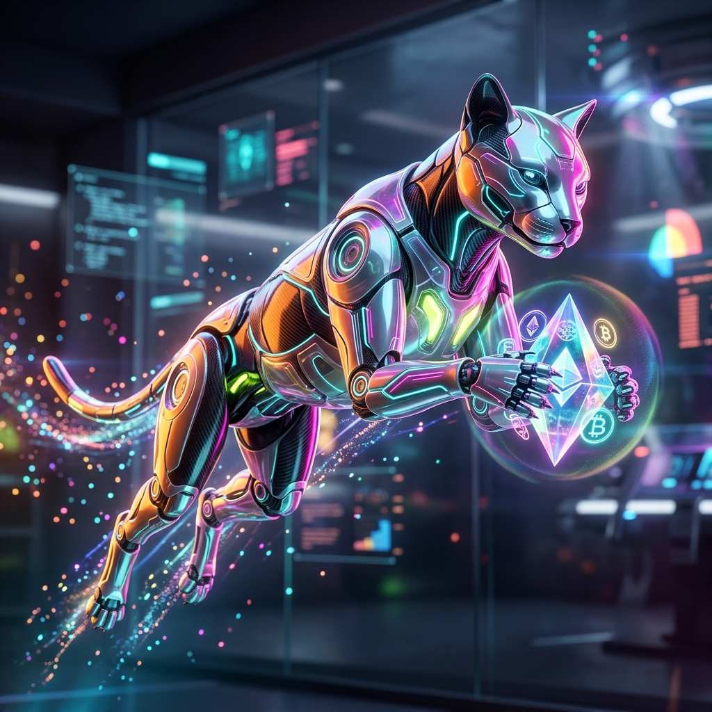 Web3 category hero — sleek feline-inspired robot mid-leap, carbon-fiber musculature and glowing accent lines in sleek high-tech laboratory with glass walls, floating data panels and particle light
