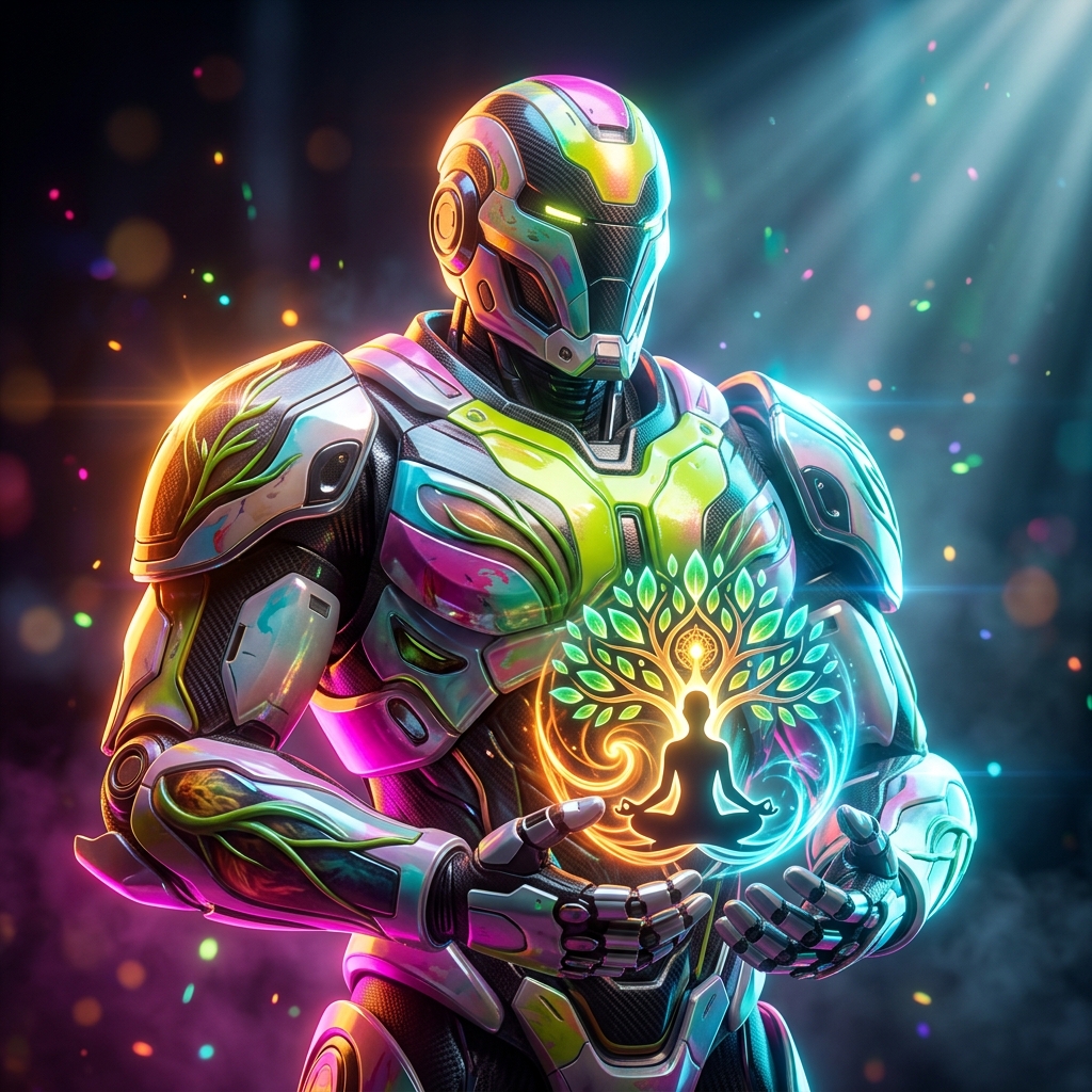 Wellness category hero — heavily armored guardian robot holding a symbolic emblem of the category with both hands in dark cinematic stage with dramatic spotlights streaming down and a hazy atmospheric fog