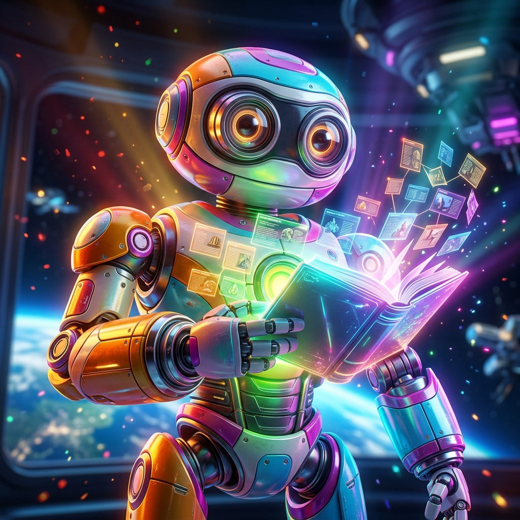 Wiki category hero — friendly Pixar-quality mascot robot with big expressive optical eyes, holding an object that represents the category in orbital space station observation deck with a planet glowing outside the panoramic window