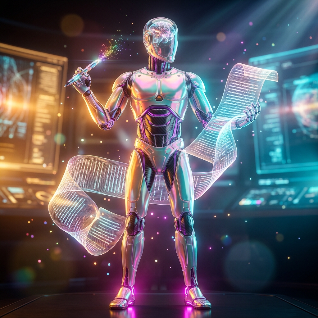 Writing category hero — translucent glass humanoid figure with a glowing neural-network brain visible inside its head in futuristic control room with massive glowing holographic screens and volumetric light rays